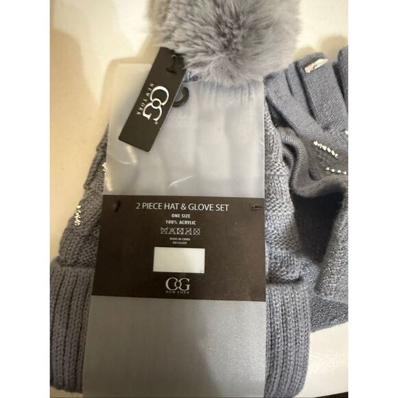 C G New York Women's Rhinestone Embellished 2Piece Hat & Glove Set Gray OS NWT - Picture 3 of 6